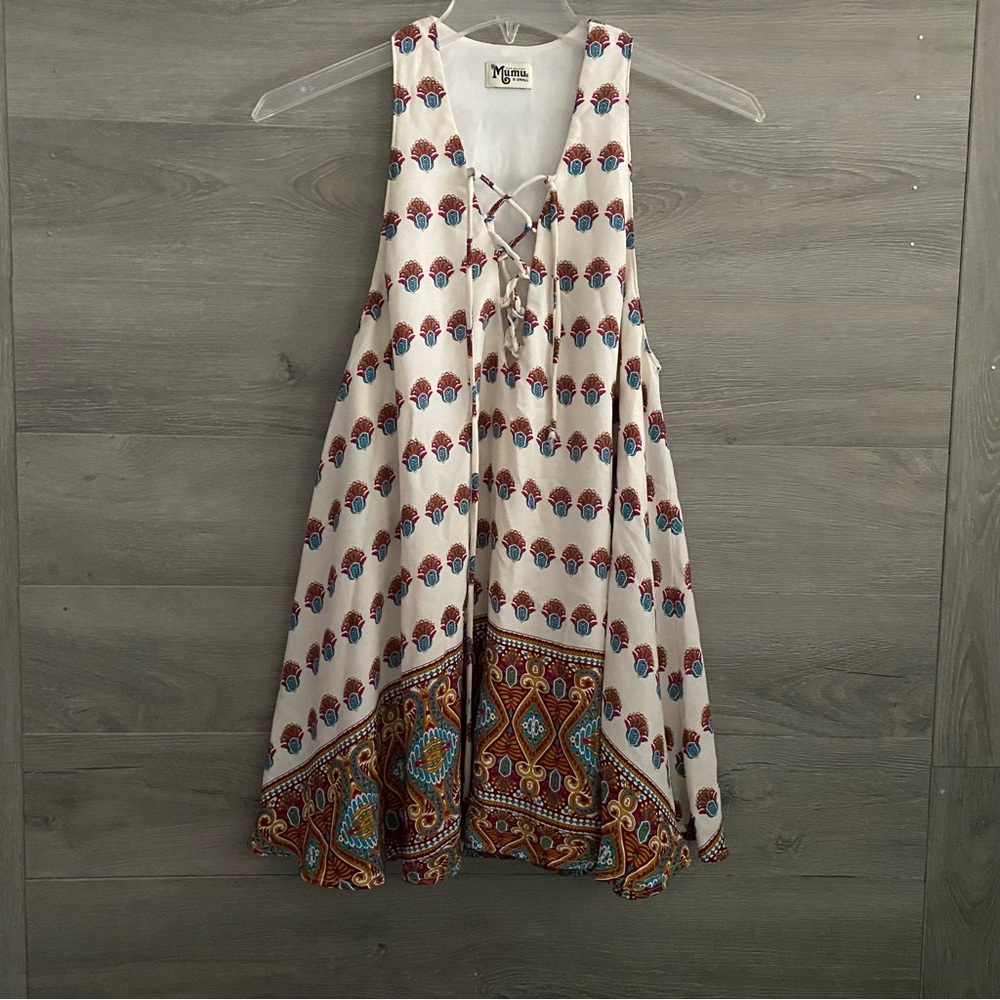 Show Me Your MuMu Cream Mini Dress with Red & Blue Print